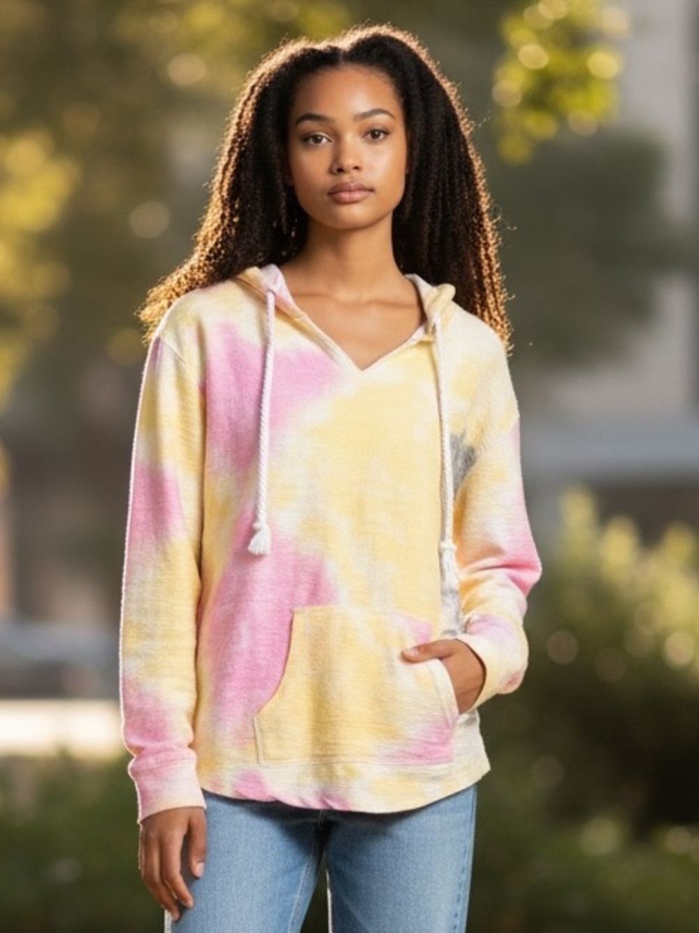 Pastel Yellow & Pink Tie-Dye Hooded Pullover Lightweight Sweatshirt